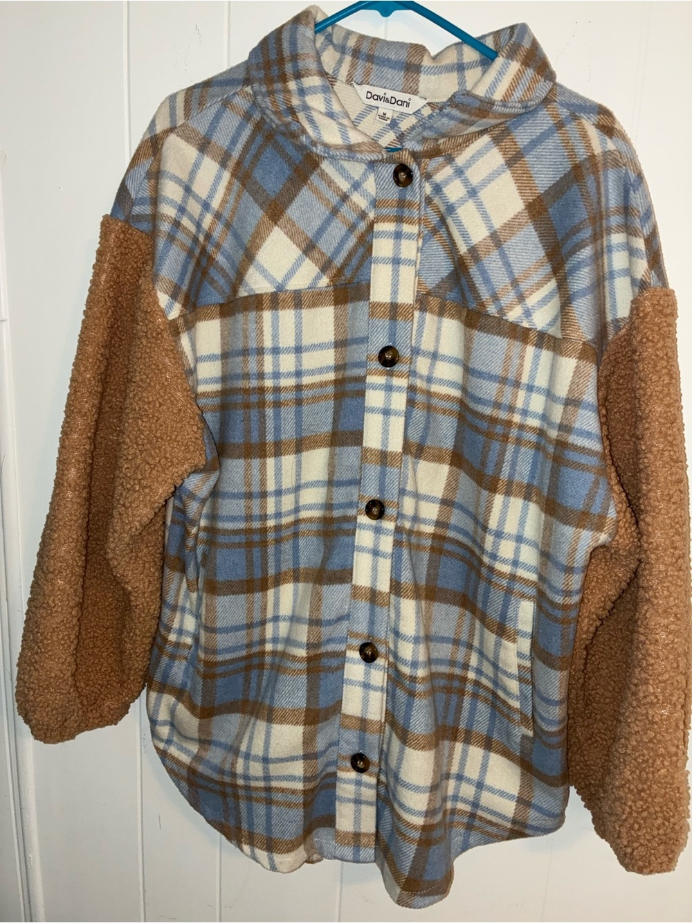DAVI & DANI Blue, Brown & Cream Plaid Sherpa Sleeve Jacket